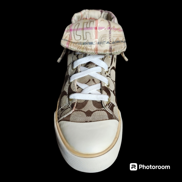 Coach Bonney Sneakers Graffiti Fold Over High Top Sneakers Brown Gold Canvas - Picture 6 of 10